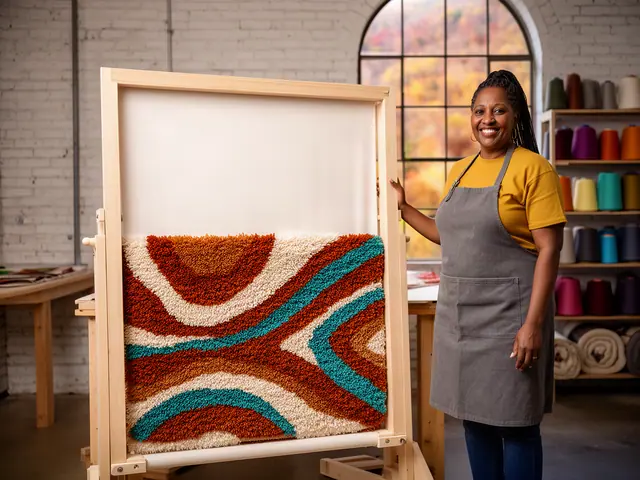 A smiling rug maker beside a new wooden tufting frame with a half-finished rust and teal rug.