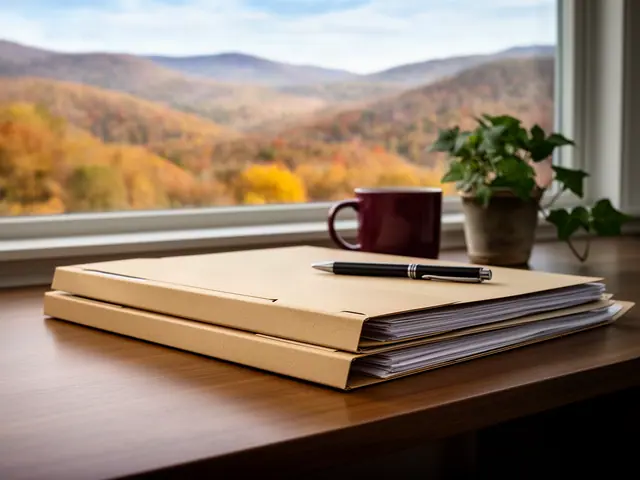 A neat stack of closed manila folders and a pen on a desk by a window.