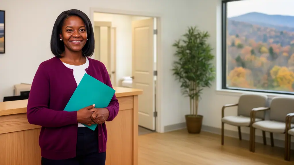 A smiling practice manager holding a teal folder at the front desk of a bright family-medicine practice.