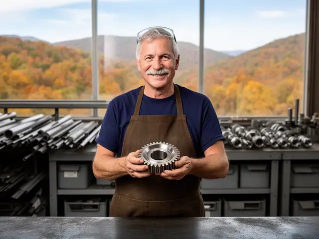 A machinist holding a machined steel part at a workbench.