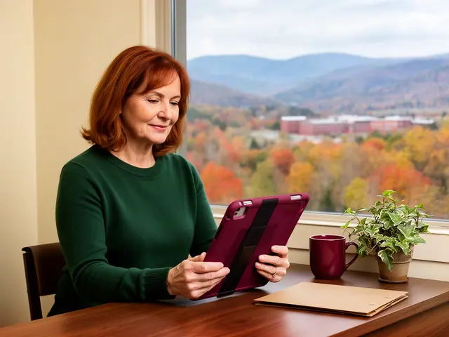 A woman with shoulder-length auburn hair reviewing a tablet at a desk in a small back office.