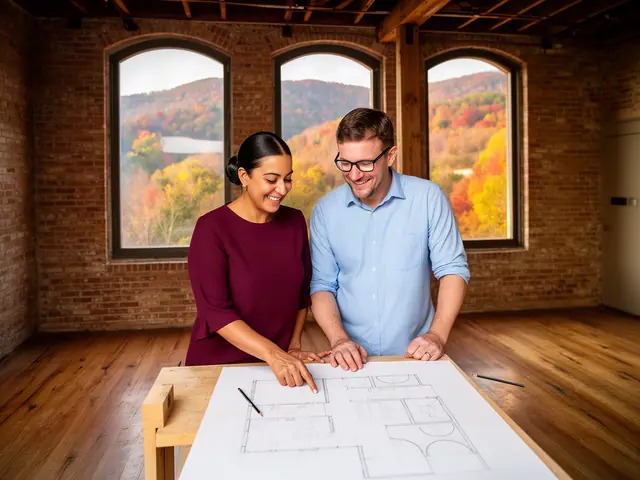 Two business partners looking over a pencil floor sketch in an empty storefront.